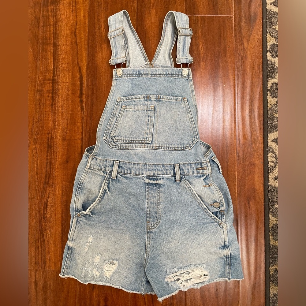 TOPSHOP Denim Overalls with Distressed Details